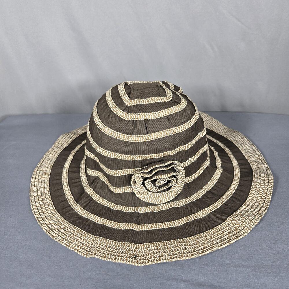 Milani Bucket‎ Sun Hat Womens Brown Paper Blend Woven Quilted Trim Floral Accent